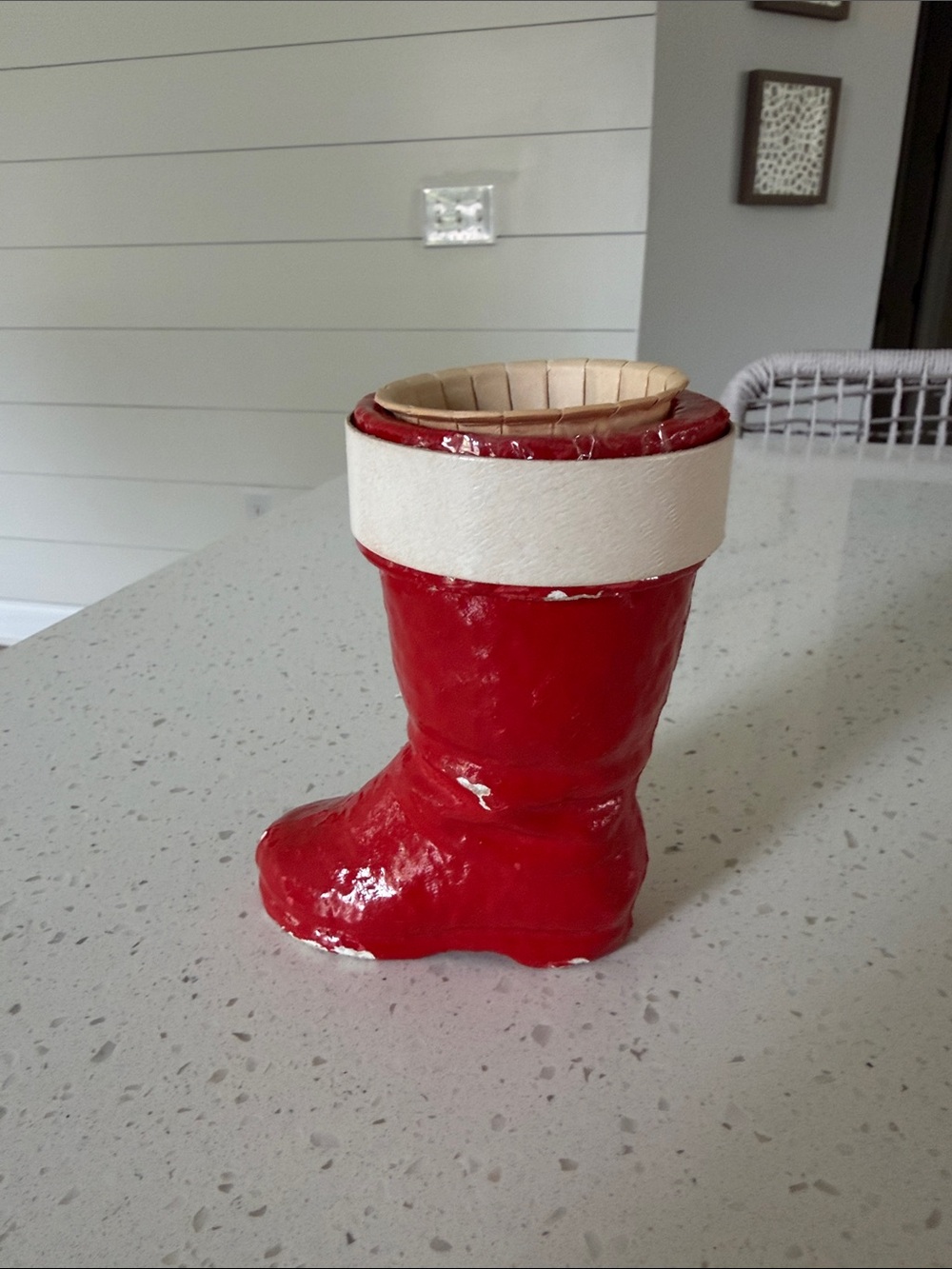 BOOT12 Rare German Red Paper Mache or Pulp Santa Boot Gift & Candy Vessel